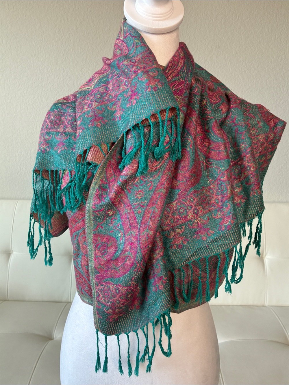 Teal & Pink Paisley Fringe Shawl Scarf